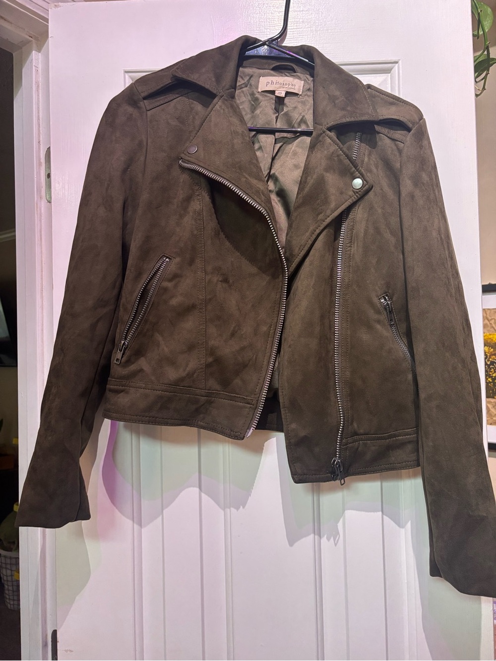 Philosophy Olive Green Suede Moto Jacket